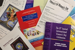 [ai] Various flyers and brochures related to International Womenâ€™s Day celebrations. The documents feature colorful designs and information about events from different years, emphasizing themes of gender justice and community engagement.